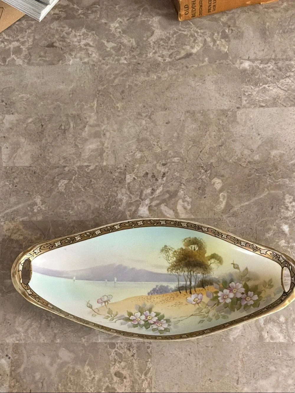 Vintage Nippon Delicate Scenic Porcelain Decorative Tray - Gold Trim